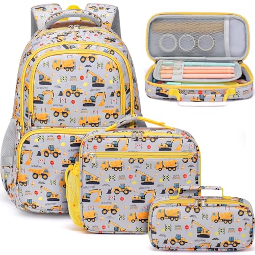 Fimibuke Kids Backpack for School Boys - 3PCS Waterproof Toddler School Bag Cute Bookbag Set with Lunch Box & Pencil Case for Preschool Kindergarten Elementary Back to School Student Ages 3-12, Trucks