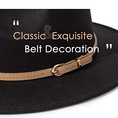 Lisianthus Women Classic Felt Fedora Wide Brim Hat with Belt Buckle Brown Belt-Black