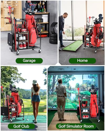 FHXZH Golf Bags Storage Garage Organizer Golf Bag Stand for Golf Bags, Clubs, Balls, Golf Equipment Accessories, Golf Bag Storage Rack with Wheels for Garage, Club, Basement (1 Golf Bag Organizer)