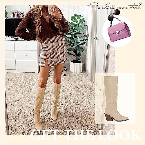 Putu Women's Pointed Toe Knee High Boots Faux Suede Stacked Chunky Heel Boots Side Zipper Slouchy High Boots Beige 5.5