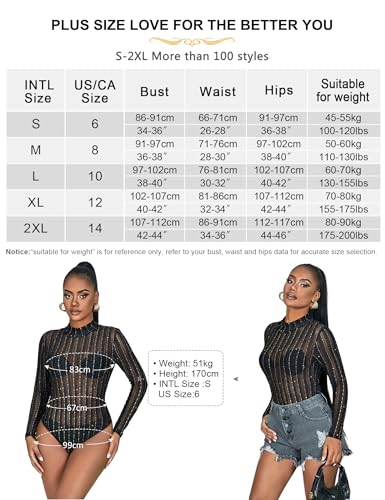 ohyeah Women Black Long Sleeve Lace Bodysuit Turtleneck Bodycon Leotards Mesh Jumpsuit Snap Crotch Clubwear Tops Outfits