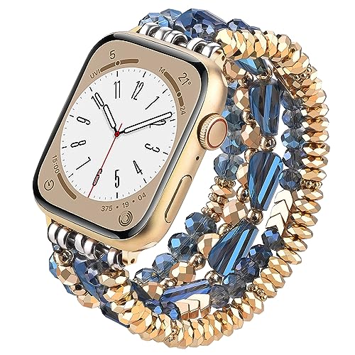 V-MORO Beaded Bracelet Band Compatible with Apple Watch Bands 38mm/40mm/41mm Women, Dressy Fancy Crystal Elastic Stretchy Strap for iwatch Series 8/7/SE/6/5/4/3/2/1 Blue