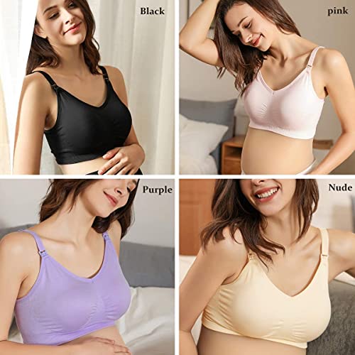 iloveSIA 2Pack Nursing Bra for Breastfeeding Nursing Sports Bra Maternity Pregnancy Seamless Wireless Fit Bra Regular & Plus Size Black Nude M