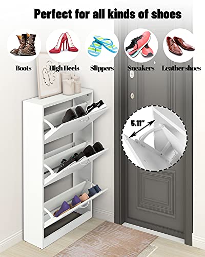 HOPUBUY Shoe Cabinet for Entryway, Narrow Shoe Storage Cabinet, Hidden Rattan Shoe Cabinet Wood 3 Tier Slim Shoe Rack for Home and Apartment, Nature