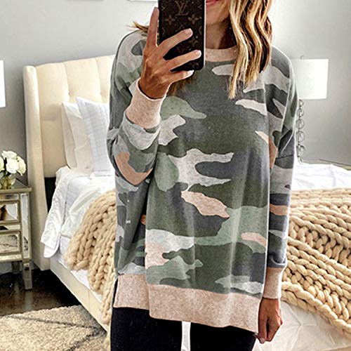 ECOWISH Women Side Split Sweatshirt: Fall Crewneck Long Sleeve Oversized Striped Shirts Casual Contrast Pullover Tops 413 Pink Green XL