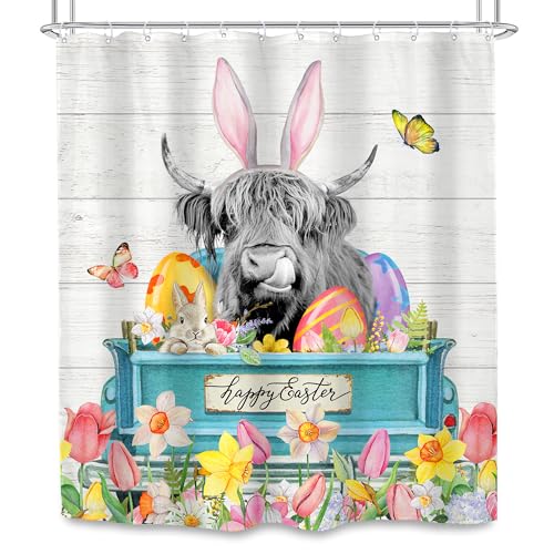 SVBright Farmhouse Highland Cow Shower Curtain 60Wx72L Inch Wildflower Cow Shower Curtain Bull Rustic Cattle Funny Western Curtains Truck 12 Hooks Polyester Waterproof Flower Bathroom Bathtub Panel
