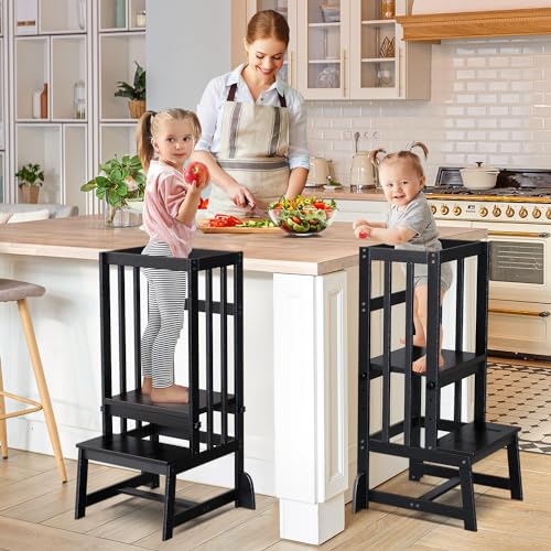 DORPU Toddler Tower, Adjustable Height Kids Kitchen Step Stool with CPC Certification, Unique Patents with Safety Rail & Anti-tip & Non-Slip Mat & Vertical Guardrail Toddler Kitchen Stool๏ผBlack๏ผ