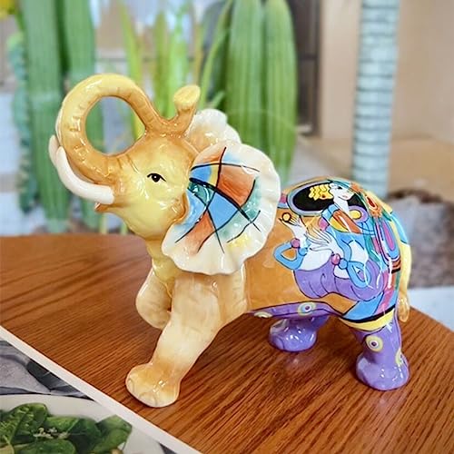 FORLONG Ceramic Collectible Figurines Statue,3D Hand-Painted Rural Scenery Elephant with Trunk Raised statue Decoration(Large)