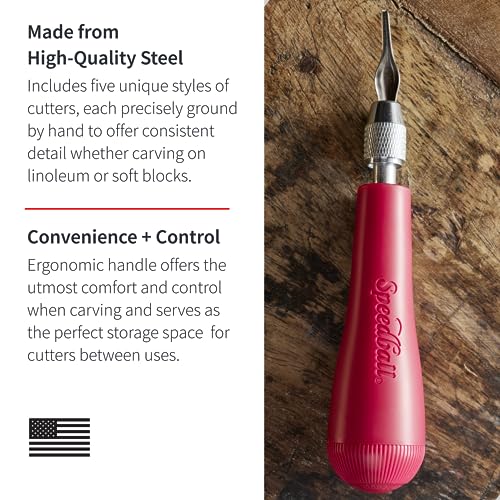 Speedball 4131 Linoleum Cutter – 5 Assorted Lino Cutters Includes Plastic Storage Handle, Made in The USA