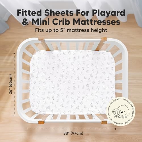 Pack and Play Sheets Fitted, 2-Pack Mini Crib Sheets - Pack N Play Sheets, Organic Fitted Crib Sheet for Pack and Play Mattress, Playard Baby Crib Sheets, Crib Sheets Neutral for Boys, Girls (Abc Land))