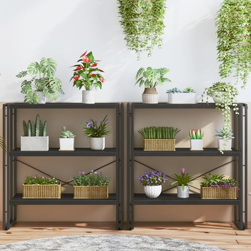 HCHQHS Bookshelf, 3-Tier Industrial Bookcase, Black Open Book Shelf, Freestanding Horizontal Bookshelves with Metal Frame