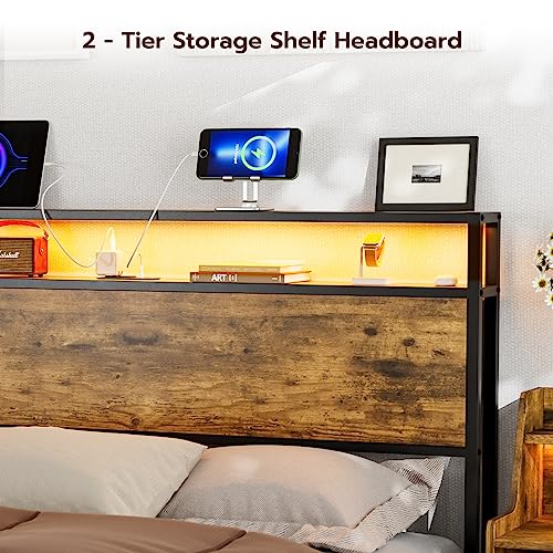 IKIFLY Full Size Storage Headboard with LED Lights & Charging Station - Industrial Metal and Wood Full Headboard Only for Bedroom, Attach Frame, Easy Assembly - Rustic Brown