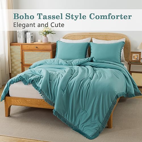 Andency Yellow Tassel Comforter Set Full(79x90Inch), 3 Pieces(1 Boho Comforter, 2 Pillowcases) Farmhouse Shabby Chic Comforter Set, Soft Microfiber Lightweight Fringe Bedding Comforter Set