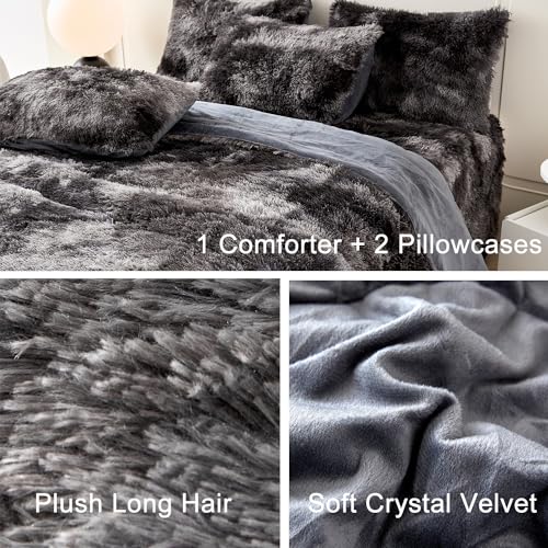 WINLIFE Shaggy Comforter Set Twin Grey for Boys Teens Faux Fur Bedding Sets Flannel Furry Comforter Plush Comforter Sets Gradient Ombre Tie Dye Bed Sets (3Pcs, Twin, Dark Grey)