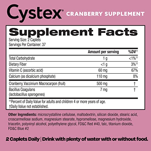 Cystex Cranberry Urinary Tract Health Supplement with Probiotics and Vitamin C, Cranberry Pills for Women, Sugar Free, 75 Caplets