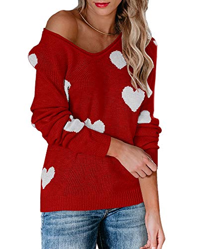Sherrylily Womens Lightweight Pullover Off Shoulder Batwing Sleeve Heart Print Sweaters Knit Shirts Slounchy Tops Red