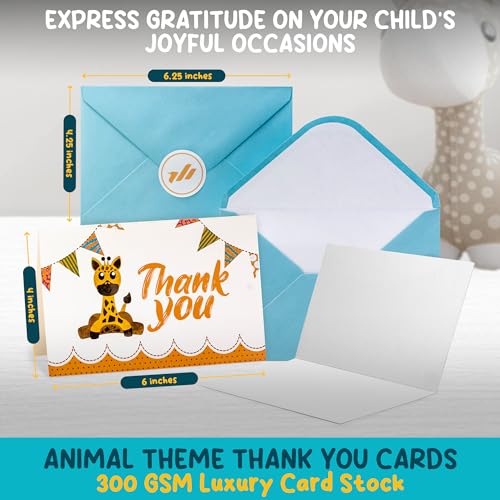 Only Zest Baby Shower Thank You Cards with Envelopes, 50 Pack Birthday Thank You Cards, 4x6 Blank Note Cards, Cute Thank You Cards Animal Themed Kids Birthday Party