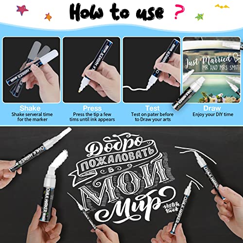 White Window Chalk Markers Pen: 6 Pack White Glass Marker, Liquid Chalk Marker for Chalkboard Signs, Car Window Paint Marker Pen for Bistro, Jars, Erasable, Non-Toxic, 5 Nib Sizes (1, 3, 6, 10, 15mm)