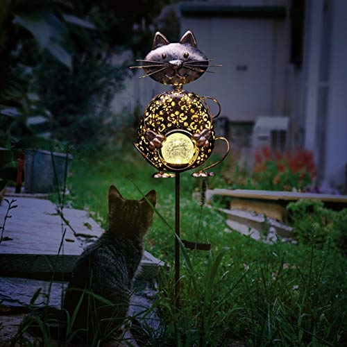 KAIXOXIN Garden Solar Lights Metal Cat Crackle Glass Globe Stake Lights,Waterproof Warm White LED Solar Path Lights (Cat-Bronze)