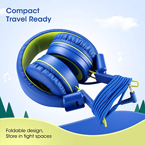 noot products Kids Headphones with Microphone K12 Stereo 5ft Long Cord with 85dB/94dB Volume Limit Wired On-Ear Headset for iPad/Amazon Kindle,Fire/Toddler/Boys/Girls/School(Blue/Lime)