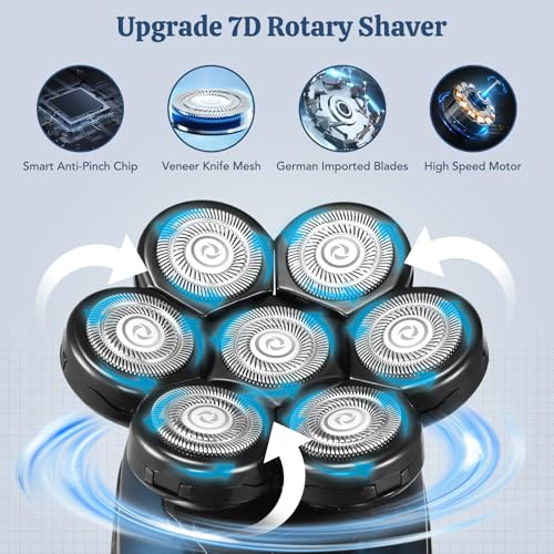 Paubea Head Shavers for Bald Men, 6 in 1 Detachable 7D Head Shaver, Electric Razor with Hair Sideburns Trimmer, Waterproof Wet&Dry, Cordless Mens Grooming Kit, Rechargeable Electric Shavers - Blue
