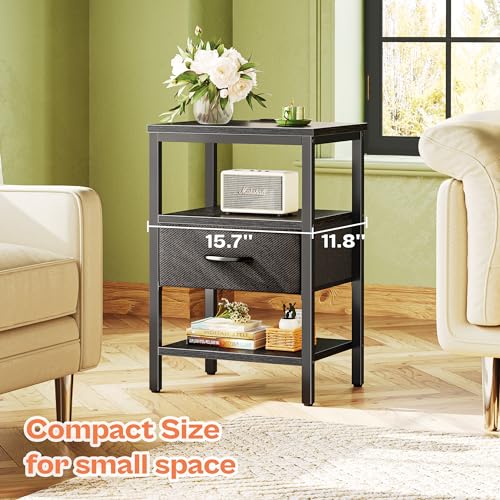 SUPERJARE Nightstand Set of 2, Bed Side Tables with Charging Station, Adjustable Fabric Drawer, Night Stand for Bedroom, 3-Tier Storage End Tables, for Living Room, Rustic Brown