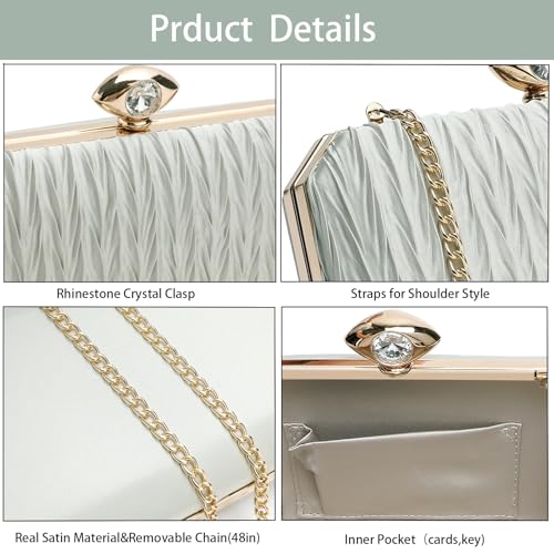 Women Satin Evening Bag Clutch Purse Handbags Crossbody Hardcase for Party Prom Wedding (satin Pleated-light green)