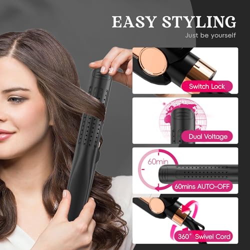SKIMI Airflow Styler, Titanium Flat Iron Hair Straightener, Professional Airflow Styler Curling Iron with Cooling Air Vents to Lock in Style, 5 Temps & Dual Voltage, Auto Off(Black & Champagne Gold).