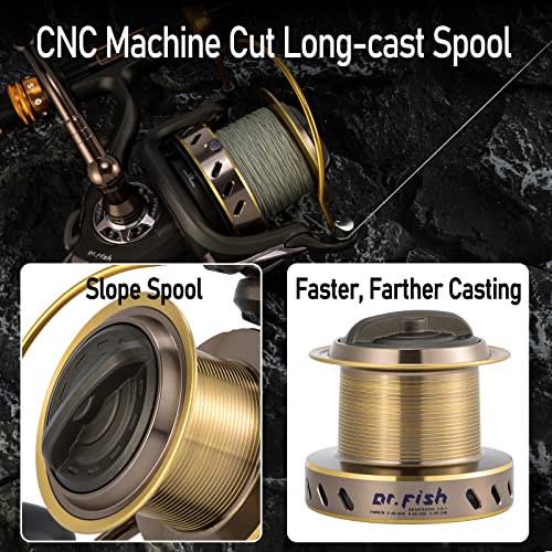 Dr.Fish Long Shot 10000 Saltwater Spinning Reel Surf Fishing, 13+1 BBS, 40LB Max Drag, Ultra High Capacity, Heavy Duty Surf Casting Reel Offshore Catfish Ocean Sea