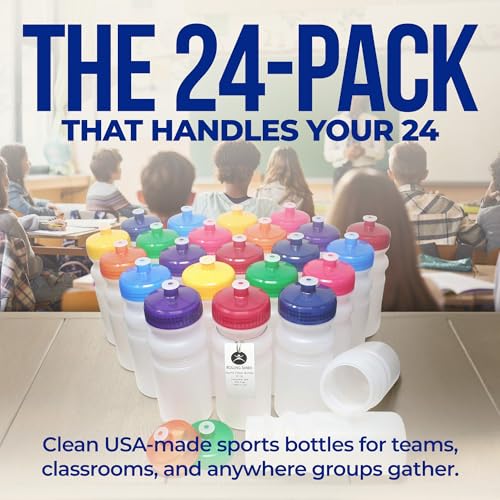 Rolling Sands 20 Oz Sports Water Bottles 24 Pk, BPA-Free, Made in USA, Dishwasher Safe, White Bottles/Neon Lime Green Lids