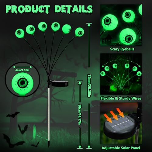 BrizLabs Solar Halloween Lights, 2 Pack 12 LED Halloween Eyeball Lights, 2 Modes Outdoor Halloween Lights, Swaying Eye Firefly Pathway Lights, Green Halloween Solar Lights for Path Yard Garden Lawn