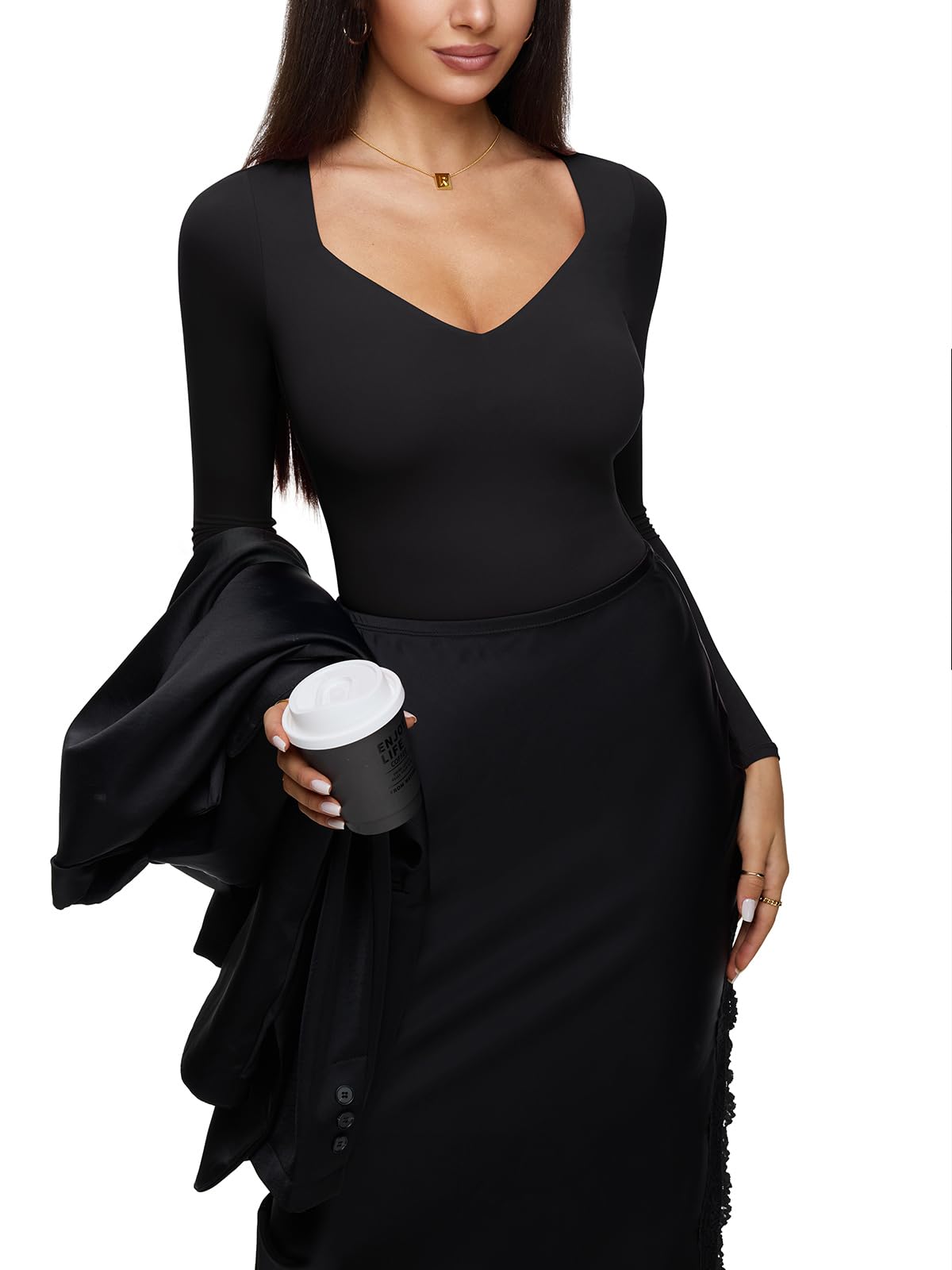 REORIA Long Sleeve Bodysuits for Women Square V Neck Going Out Top Double Lined Thong Body Suit Sexy Slimming Shirt 2025 Fall Black Onyx Large