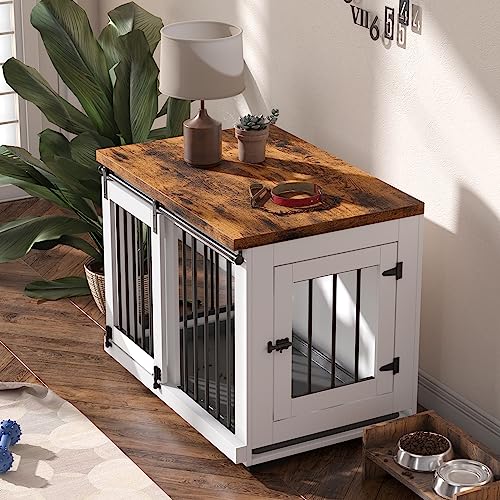 Zakkart Dog Crate Furniture Barn Door for Medium Dogs Up to 40 lbs. - Puppy Kennel w/Thickened Farmhouse Top & Steel Bars - 30'' Wide - White Decorative Modern Dog Crate Table, End Table, Nightstand