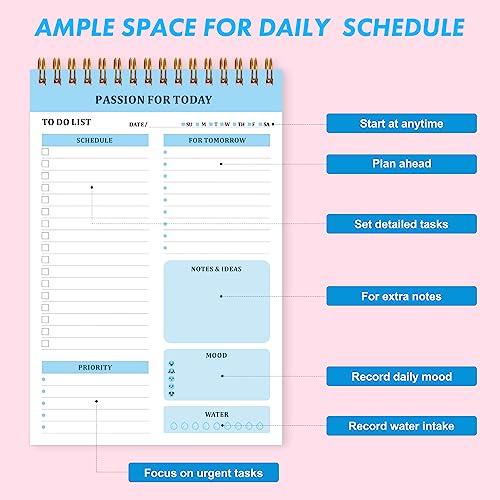 NPET Daily Planner Notepad, 52 Sheets Tear Off To Do List Notebook for Productivity, A5 Size of Spiral Undated Planner and Organizer for Work, Study (Set of 3 Blue)
