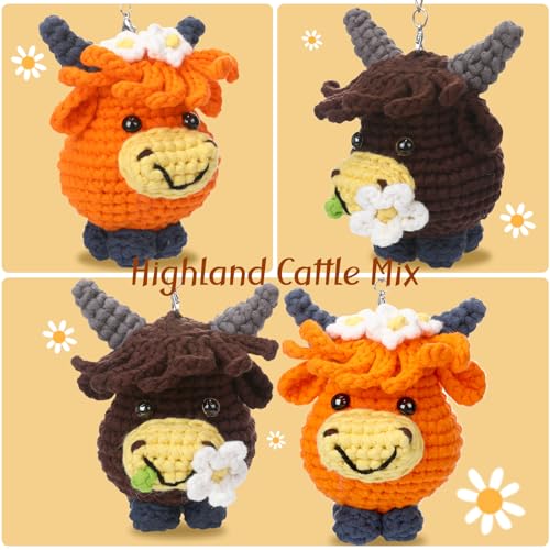 Crochet Kit for Beginners Adults - Cow Starters Crocheting Animal Kits for Kids, DIY Craft Birthday Gift with Crochet Yarns, Hook, Step-by-Step Video, Instruction and Crochet Accessories