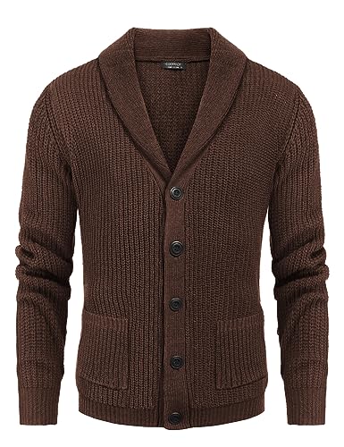 COOFANDY Men's Shawl Collar Cardigan Sweater Slim Fit Cable Knit Button up Sweater with Pockets Purple