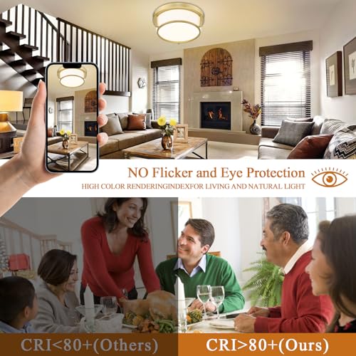 Luminzone Gold LED Ceiling Light Fixtures 12 Inch 22W LED Flush Mount Light 5CCT Dimmable Ceiling Light with Milk Glass Overhead Ceiling Lamp for Bedroom Bathroom Kitchen 3000K~6500K