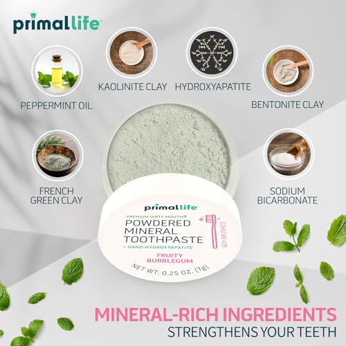 Primal Life Organics - Dirty Mouth Toothpowder, Tooth Cleaning Powder, Flavored Essential Oils with Natural Kaolin & Bentonite Clay, Good for 200+ Brushings, Organic, Vegan (Sweet Bubblegum, 0.25 oz)