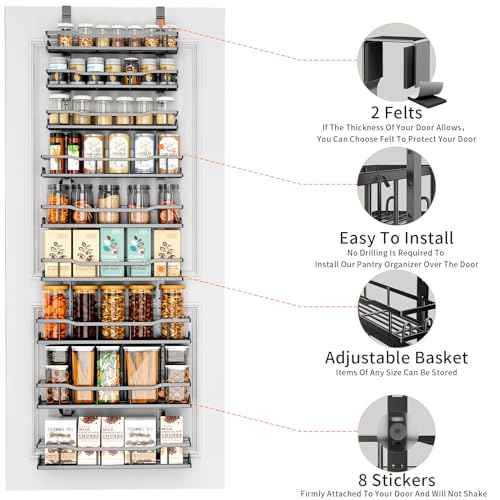 MSERCUOR Over The Door Pantry Organizer Rack, 6-Tier Metal Pantry Organization And Storage with Adjustable Baskets, Hanging Spice Rack for Home & Kitchen Laundry Room Bathroom (6 Tier Black)