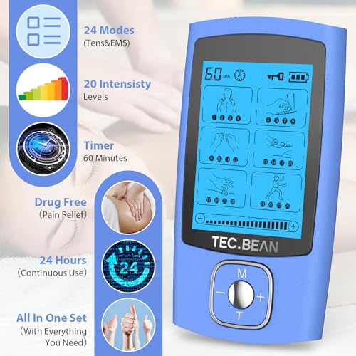TEC.BEAN 24 Modes Tens Unit Muscle Stimulator, Rechargeable Tens Machine with 8 Electrode Pads (American Gel), Electric Pulse Massager for Pain Relief Therapy(Blue)