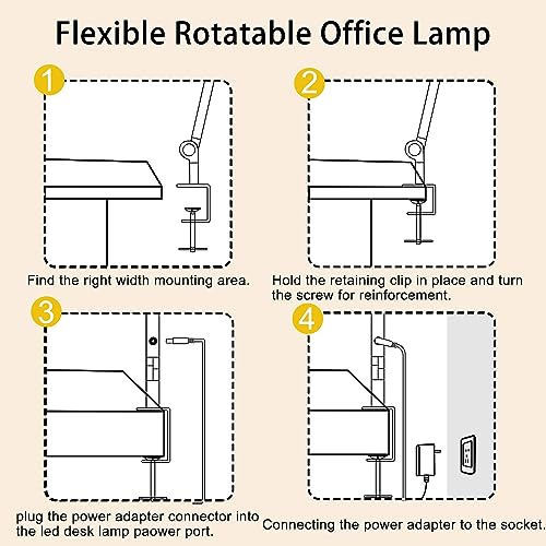 vimeepro LED Desk Lamp with Clamp Flexible 3 Sections Swing Arm 2 Light Sources Desk Light, 4 Color Modes & 5 Brightness, Eye Caring Led Table Light with Memory Function for Table Lamps for Office