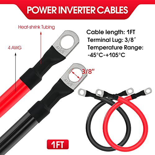 4 AWG Battery Cable 4AWG Gauge Pure Copper Battery Inverter Cables with 3/8 in Lugs Both Ends Power Inverter Wire Set for Automotive Solar Marine Boat RV Car Motorcycle Red and Black (1ft)