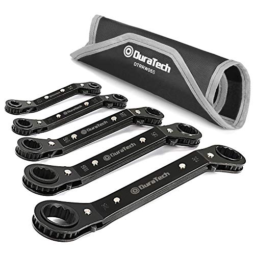 DURATECH 5 Pc Double Offset Box End Reversible Ratcheting Wrench Set Metric, Heavy-duty, Matte Chrome Plated, Ratchet Spanner Crooked for Narrow Spaces (6x8 mm, 10x12 mm, 13x14 mm, 15x17 mm, 19x21 mm)