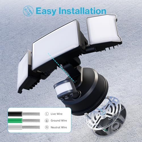 Olafus 65W Motion Sensor Outdoor Lights, 6000lm Adjustable 3-Head LED Flood Lights Outdoor with Motion Detection, IP65 Waterproof Security Lights for Driveway, Garage, Porch, Yard Black