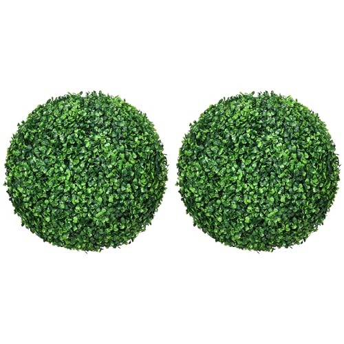 HOMCOM Set of 2 15.75 Inch Artificial Ball Boxwood Topiary Trees Balls, Indoor Outdoor Fake Plants for Home, Office & Living Room Decor