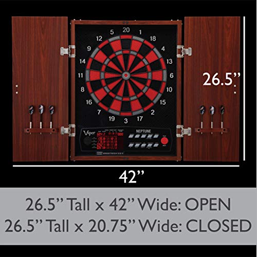 Viper by GLD Products Neptune Electronic Dartboard Cabinet Combo Pro Size Over 55 Games Large Auto-Scoring LCD Cricket Display Extended Dart Catch Area 16 Player Multiplayer with Soft Tip Darts and Power Adapter , 21.5" L x 26.5" W x 3.5" H