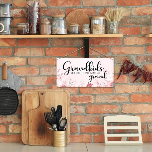 Grandkids Make Life More Grand Door Wood Sign Plaque Gift for Grandma, Wooden Wall Hanging Sign with Twine, Shelf Wood Floral Art Sign, Living Room Home Bedroom Kitchen Decoration Supplies -019