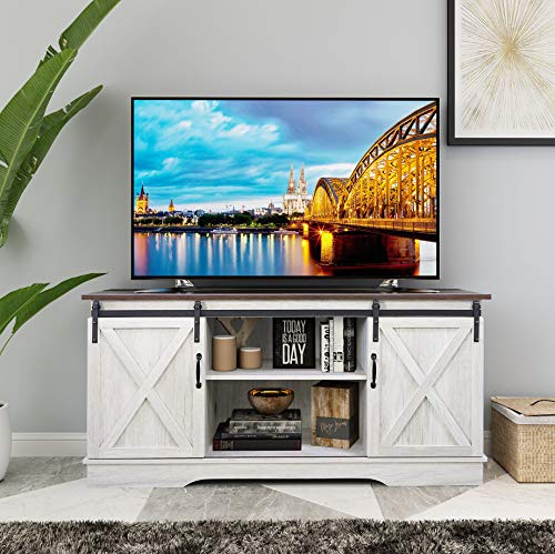 Rainbow Sophia TV Stand, Storage Cabinet with Sliding Barn Doors and Adjustable Shelves, Modern 28”H, Sargent Oak