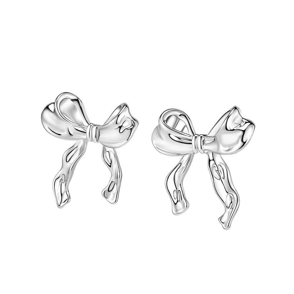 TONLUYAX Silver Bow Earrings Women Girls Ribbon Stud Earrings Hypoallergenic Bowknot Earrings Gift