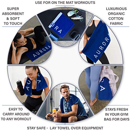 Luxury Organic Cotton Gym Towel - Soft, Absorbent, Silver Infused - 31.5 X 15.75 inch - Blue Yoga & Gym Towel for Men & Women